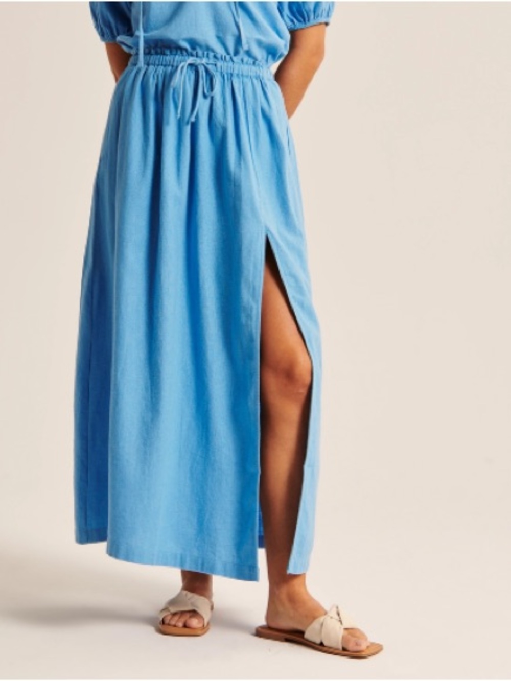 Abercrombie & Fitch Light Blue Drawstring Maxi Skirt with Side Slit Linen Blend